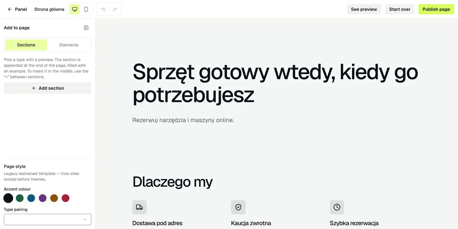 The store page editor in Avably: the section palette and style controls on the left, with the editable rental website on the right (demonstration data).