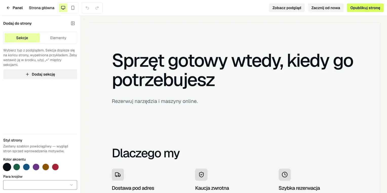 Kreator strony sklepu w Avably: paleta sekcji i ustawienia stylu po lewej oraz edytowalna strona wypożyczalni po prawej (dane demonstracyjne).