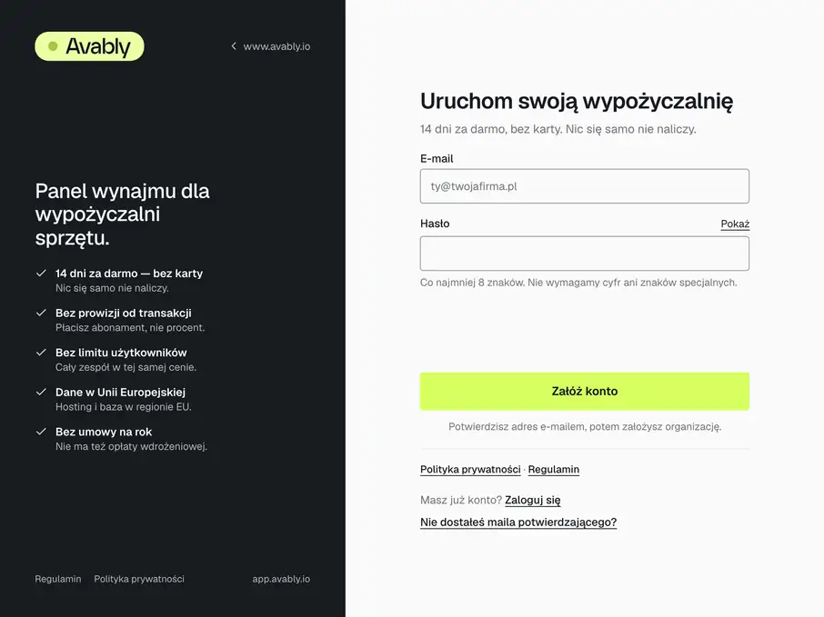 Ekran zakładania konta w Avably: korzyści okresu próbnego, pola e-mail i hasło oraz przycisk założenia konta (dane demonstracyjne).